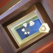 Red staircase with lamps